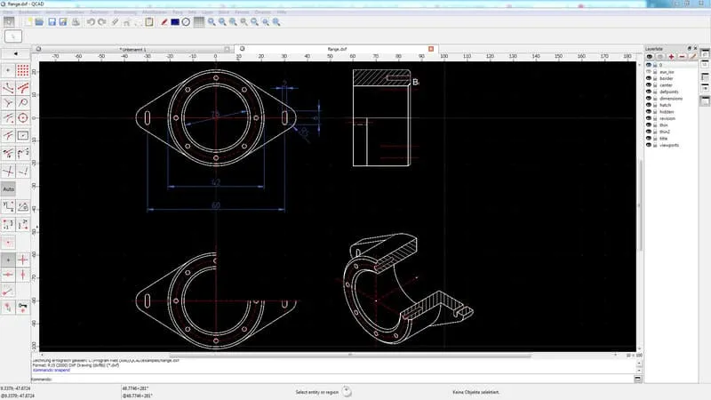 Technische 2D Zeichnung eines Flansches, erstellt mit dem Zeichenprogramm QCAD