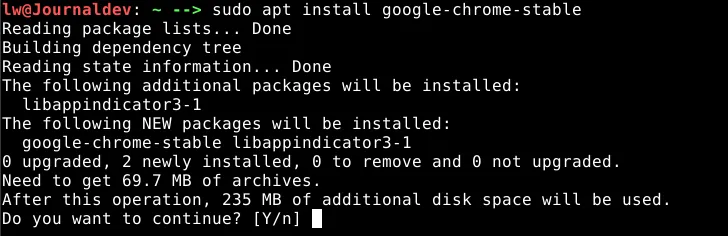 Terminalausgabe während der Installation von Google Chrome Stable auf Linux Mint