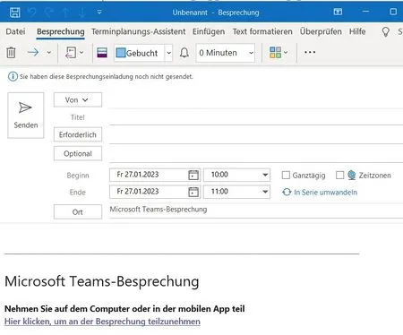 Terminplanung einer Teams-Videokonferenz im Outlook-Kalender mit Feldern für Teilnehmer, Betreff und Zeit