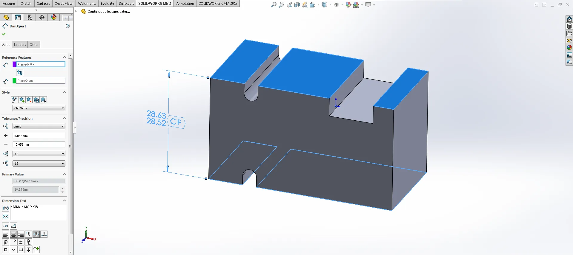 Testmodell für durchgängige Merkmale, externe Breite-Ansicht
