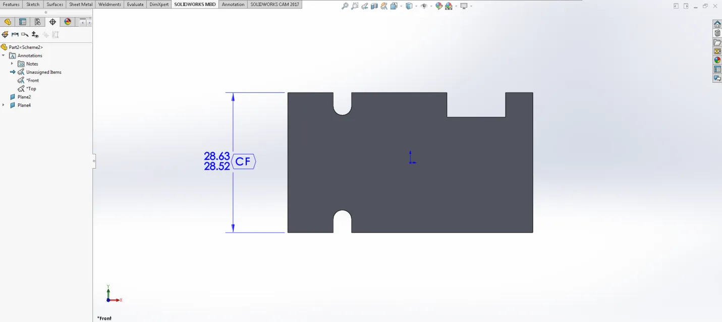 Testmodell für durchgängige Merkmale, externe Breite