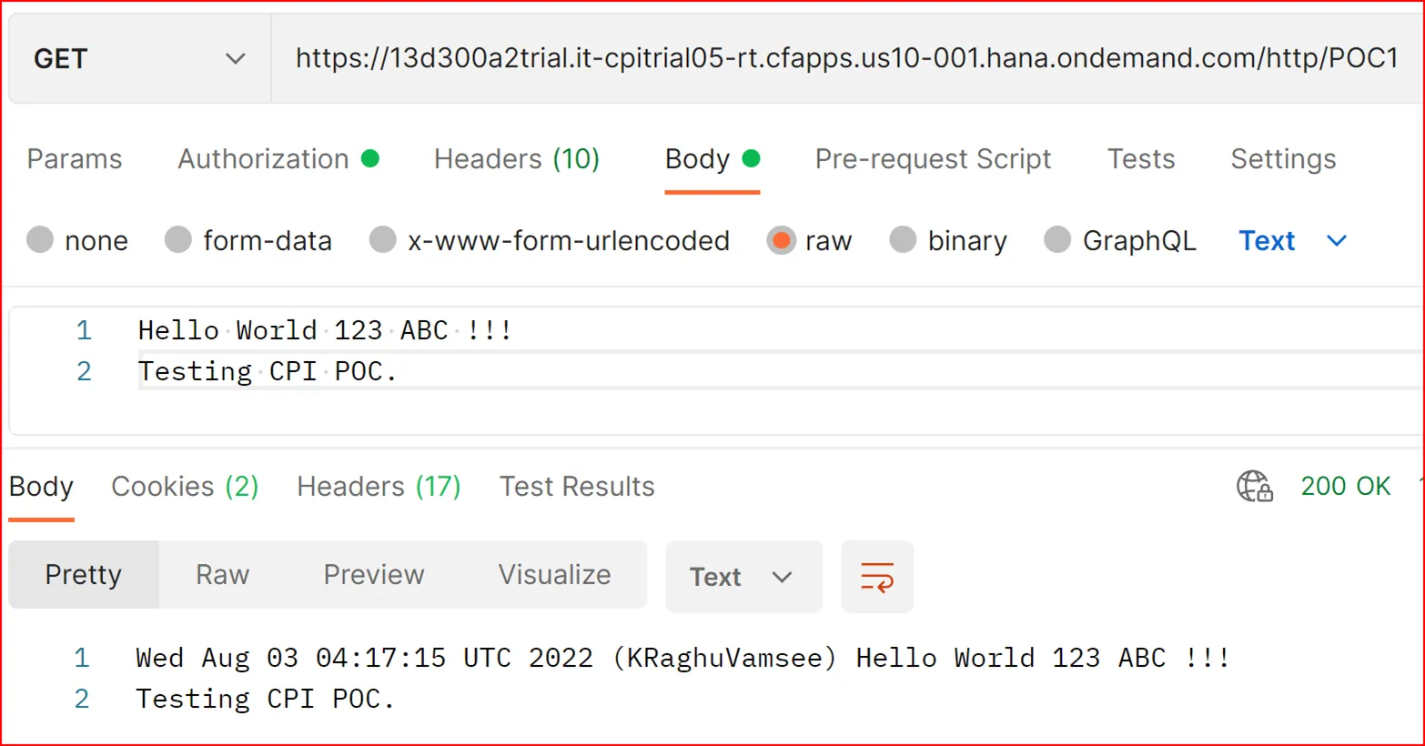 Testnachricht von Postman an den SAP Cloud Integration Endpunkt gesendet