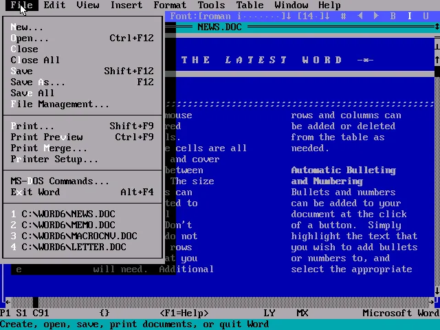 Textbearbeitung mit Microsoft Word 6.0 auf MS-DOS Oberfläche
