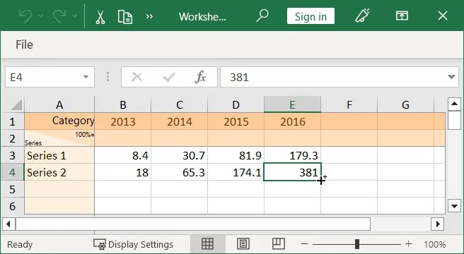 think-cell Datenblatt mit Beispielwerten für ein Säulendiagramm