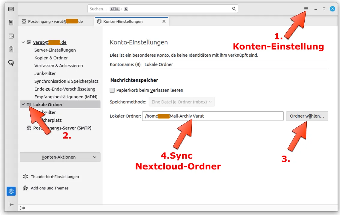 Thunderbird Einstellungen: Auswahl des lokalen Ordners &quot;Mail-Archiv Varut&quot; als Ziel für die automatische Archivierung