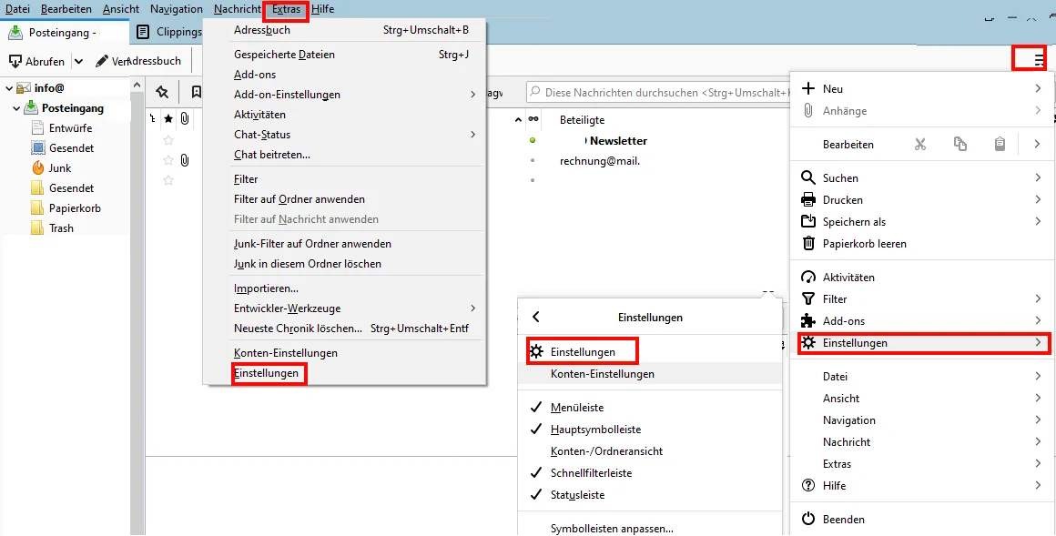 Thunderbird Einstellungen über Menü oder Extras