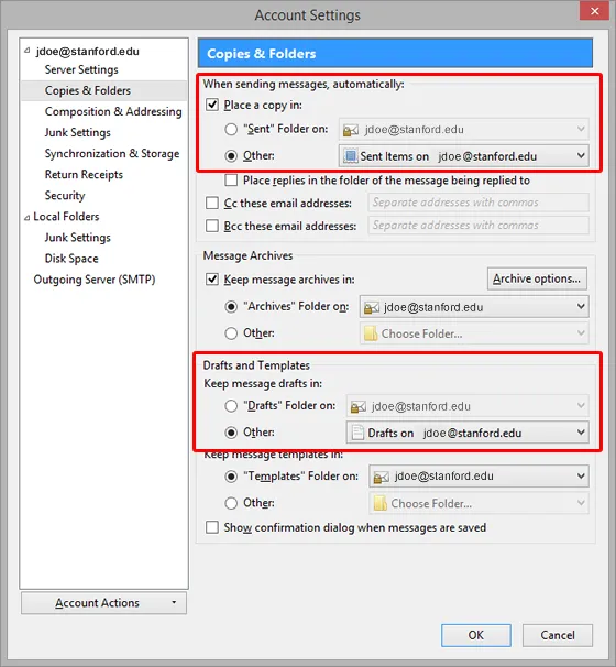 Thunderbird-Kontoeinstellungen: Kopien &amp; Ordner-Sektion zur Speicherung gesendeter Nachrichten und Entwürfe im Ordner &quot;Gesendete Objekte&quot; und &quot;Entwürfe&quot; auf dem Office 365 Server