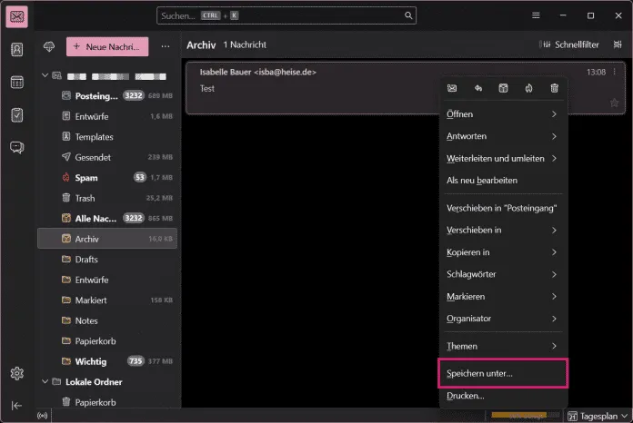 Thunderbird-Screenshot, der das Kontextmenü nach einem Rechtsklick auf eine E-Mail mit der Option 'Speichern unter' zeigt.