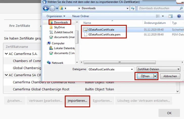 Thunderbird Zertifikat importieren G-DATA