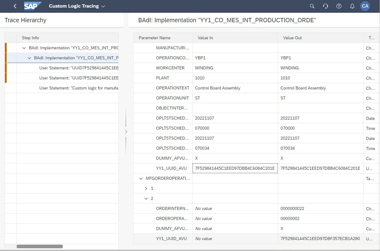 Überprüfung der generierten UUID-Werte in den Trace-Details nach einer Auftragsänderung