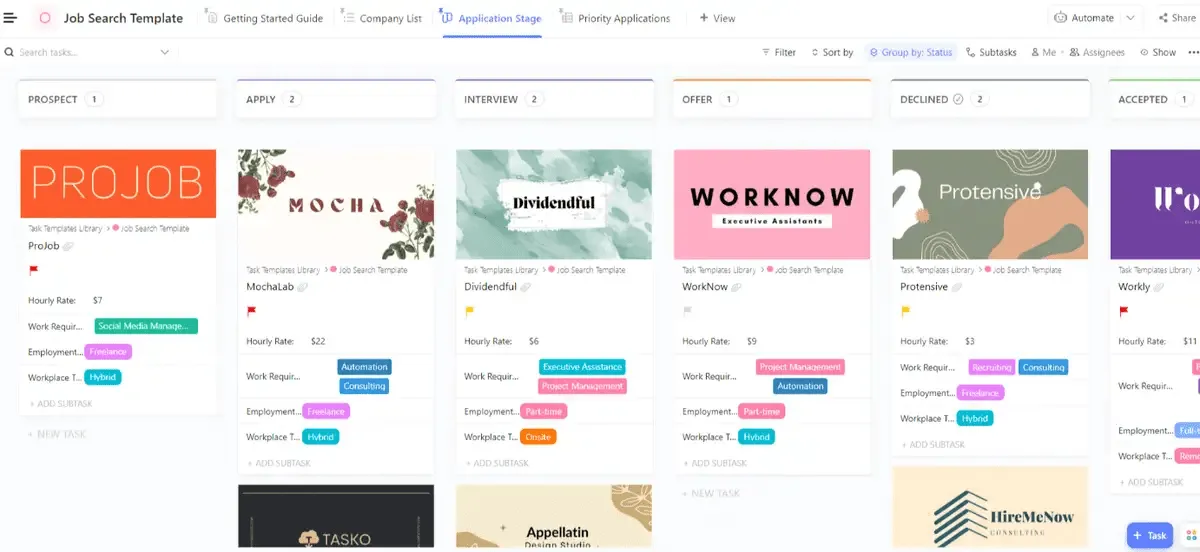 Übersicht der ClickUp Vorlage für die Stellensuche, die hilft, Bewerbungen zu organisieren und den Fortschritt zu visualisieren.
