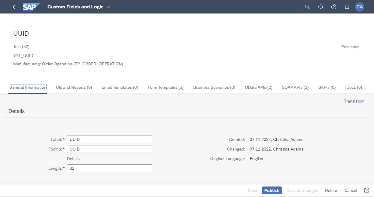 Übersicht der Details eines neu erstellten benutzerdefinierten Feldes
