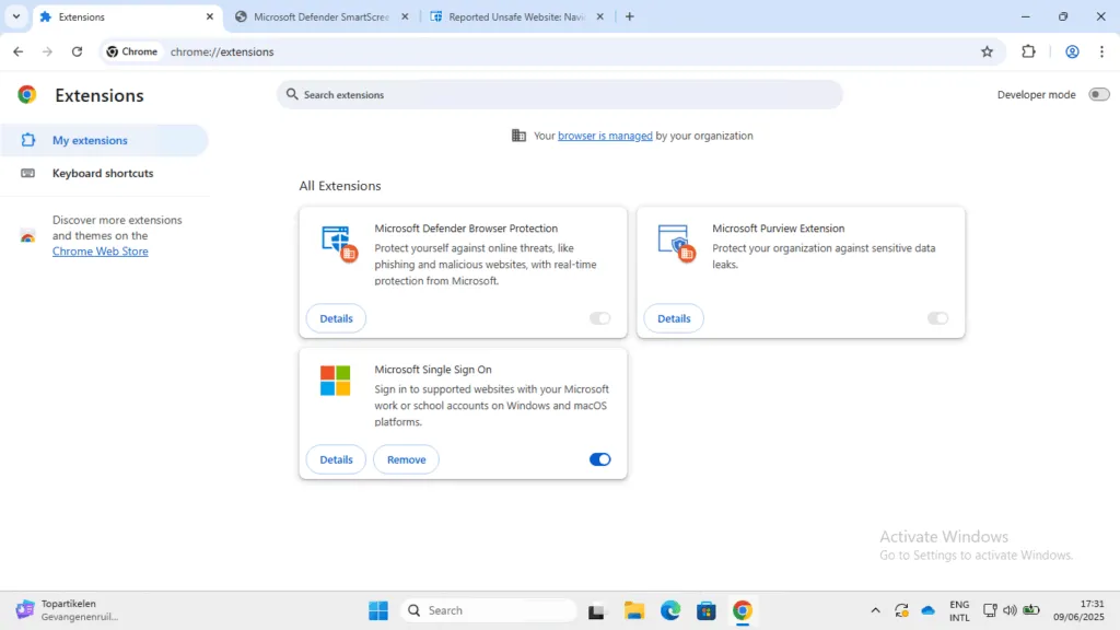 Übersicht der installierten Microsoft Defender Browser Protection Erweiterung in Google Chrome