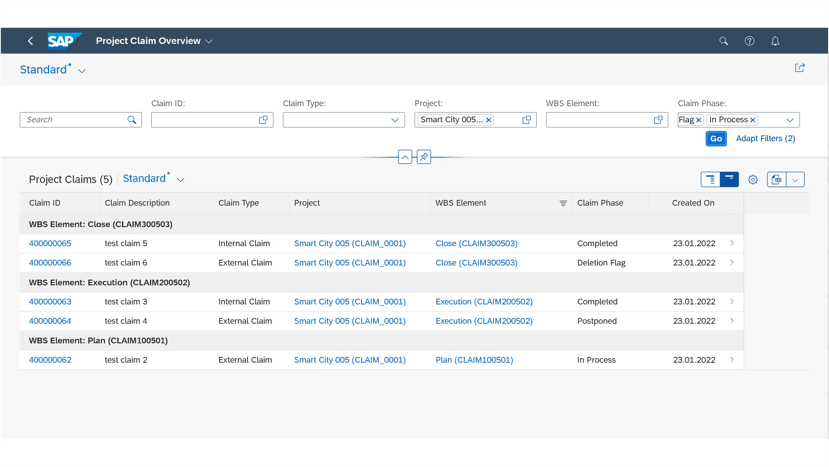 Übersicht der Projektansprüche in SAP S/4HANA 2022 mit Details zu Status, Kunden und Lieferanten