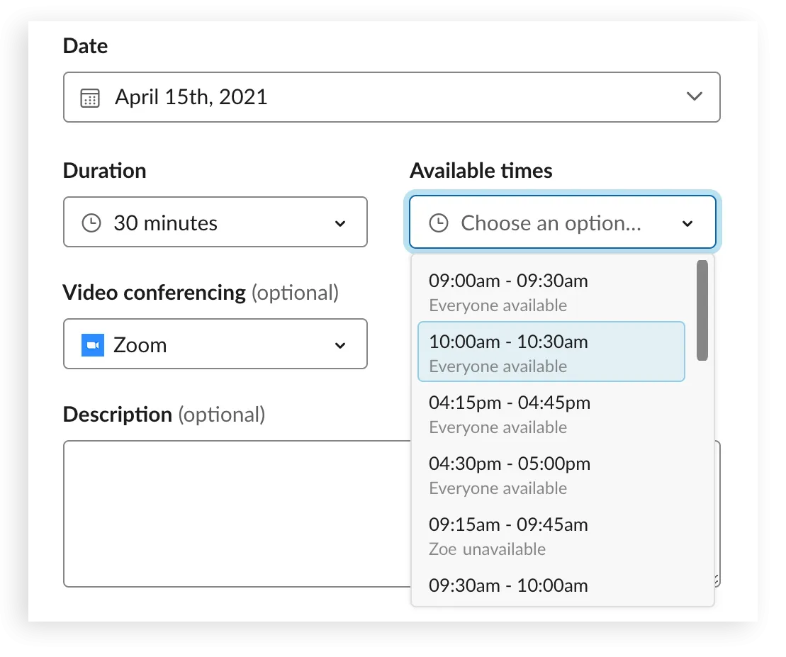 Übersicht der Verfügbarkeiten von Teammitgliedern für die effektive Terminfindung in Slack