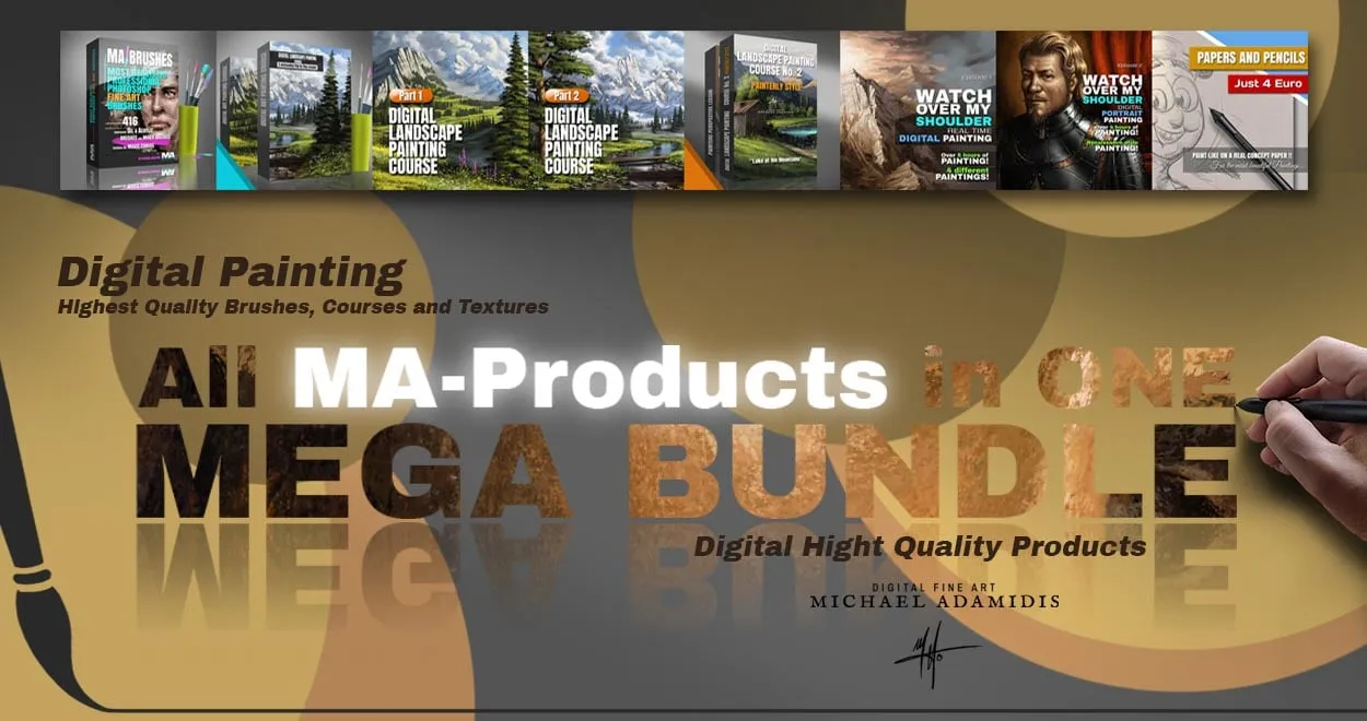 Übersicht über Michael Adamidis' digitale MA-Brushes, Kurse und Tutorial-Bundles für digitales Malen