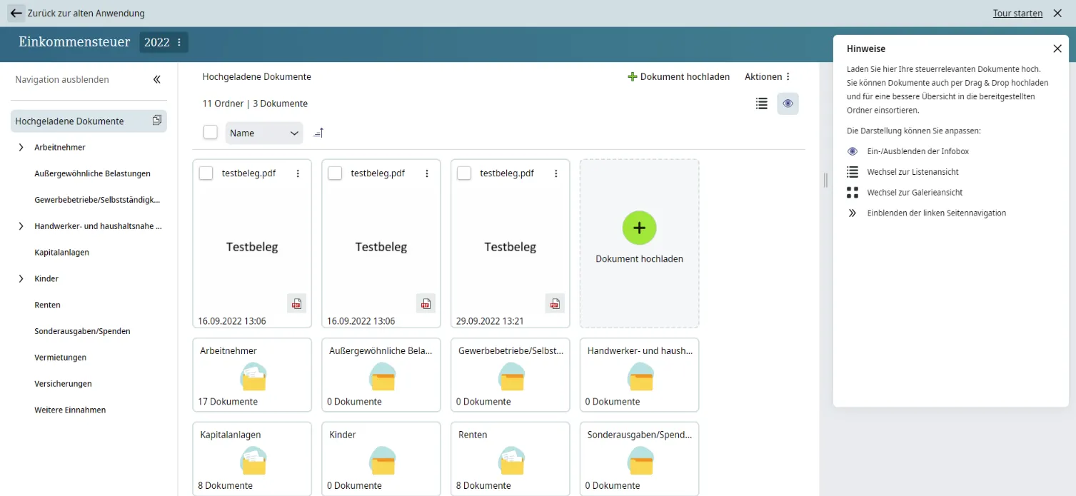 Unsätzliche Rechnungen im Bereich Hochgeladene Dokumente in DATEV Meine Steuern
