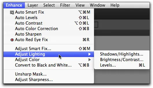 „Verbessern“-Menü in Photoshop Elements 9 mit Optionen für Helligkeit und Kontrast