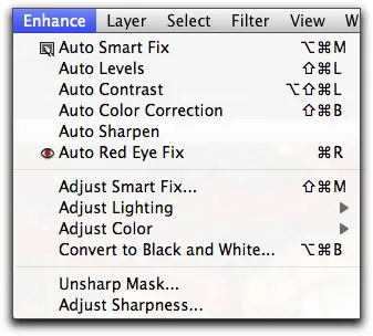 &quot;Verbessern&quot;-Menü in Photoshop Elements 9 mit spezifischen Optimierungsfunktionen