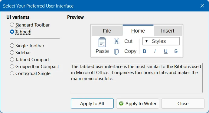 Verbesserter UI-Wechselassistent in LibreOffice 7.2