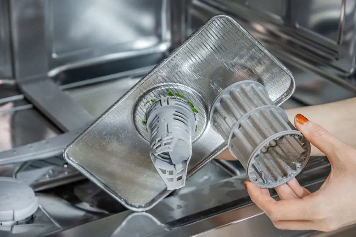Verunreinigte Grob- und Mikrofilter eines Geschirrspülers