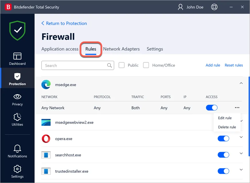 Verwaltung der Bitdefender Firewall Regeln für Anwendungszugriffe