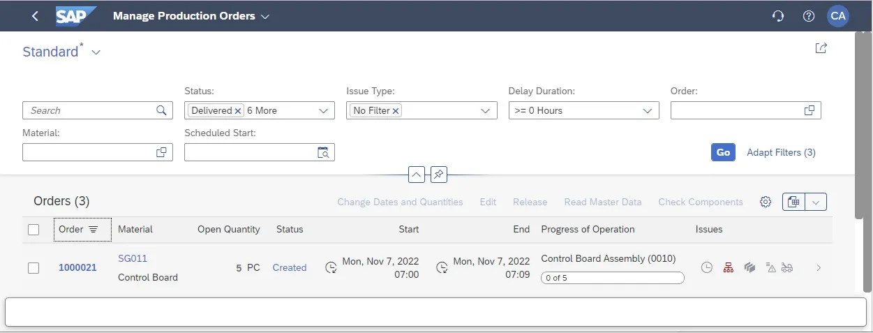 Verwaltung von Fertigungsaufträgen in der App Manage Production Orders