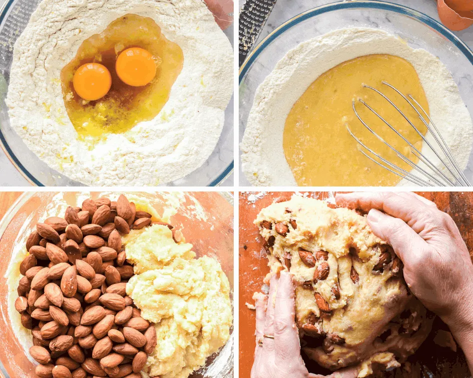 Vier Bilder der Zubereitung von Mandelbiscotti