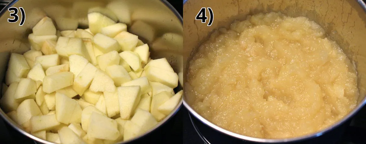 Vorher- und Nachher-Fotos der Herstellung von hausgemachtem Apfelmus in einem Topf