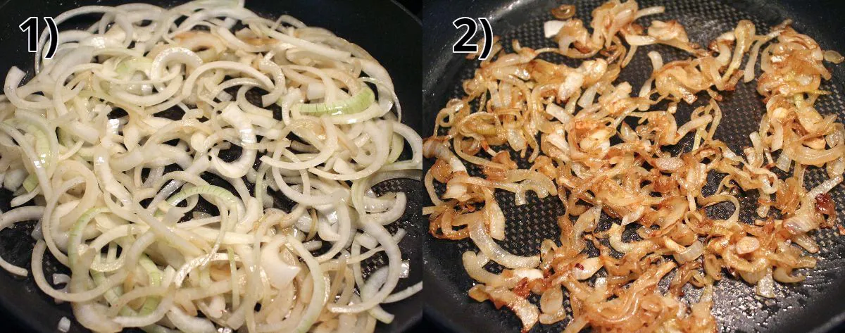 Vorher- und Nachher-Fotos vom Kochen karamellisierter Zwiebeln in einer Pfanne