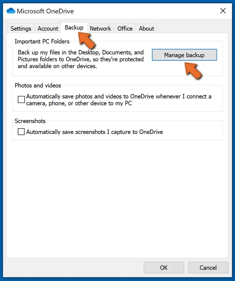 Wählen Sie die Registerkarte Sicherung und klicken Sie auf Sicherung verwalten