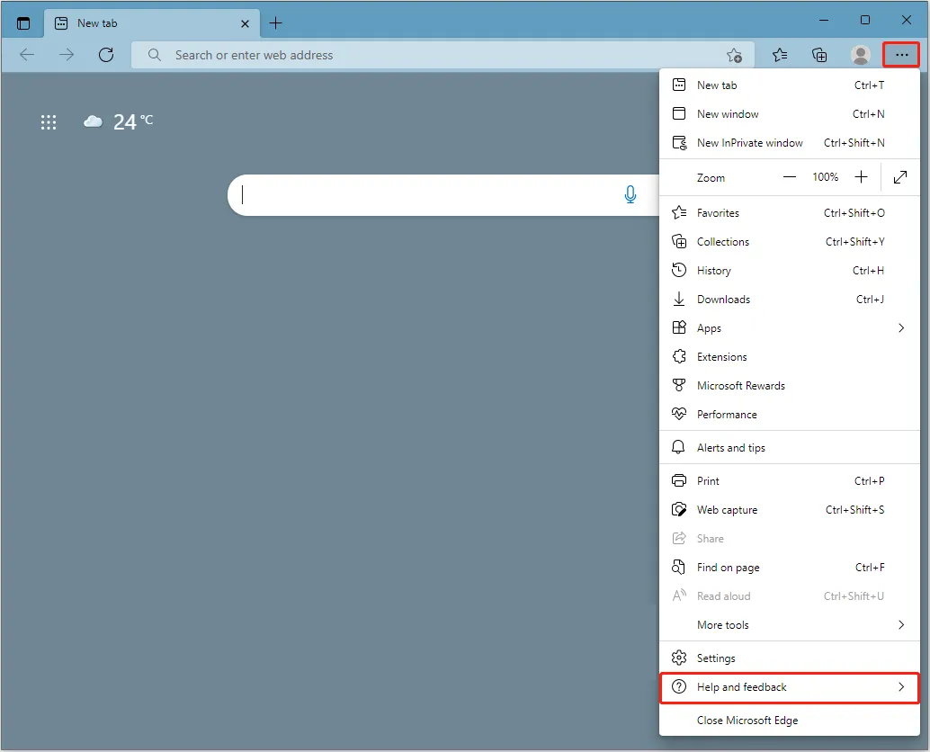 Wählen Sie "Hilfe und Feedback" im Microsoft Edge Menü