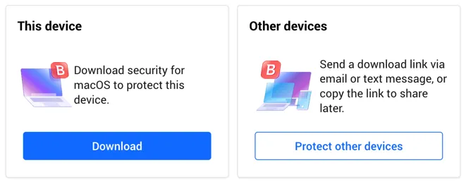 Wahlmöglichkeiten zur Installation von Bitdefender: „Herunterladen“ oder „Andere Geräte schützen“