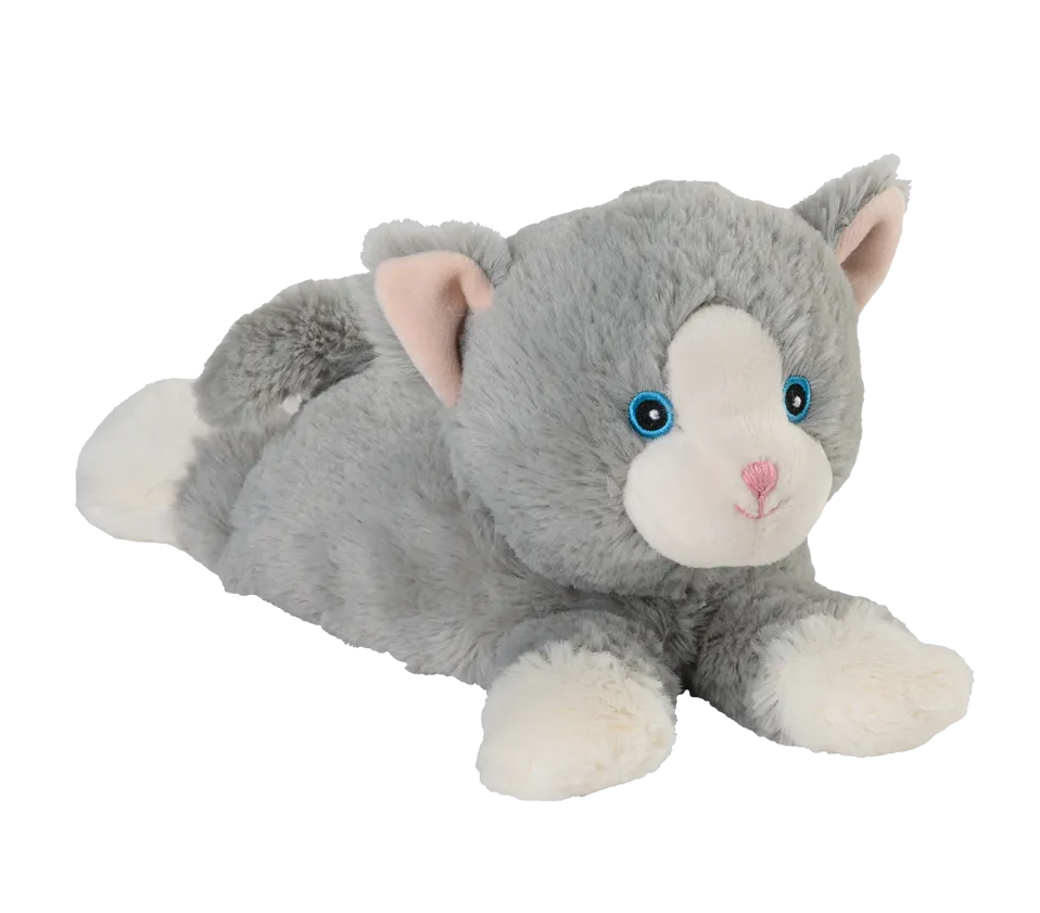 Warmies® Wärme-Kuscheltier MINIS Katze in grau, schräge Seitenansicht