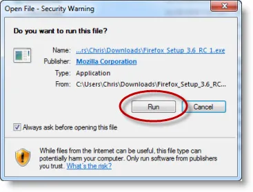 Warnmeldung "Datei öffnen - Sicherheitswarnung" beim Starten des Firefox-Installationsprogramms