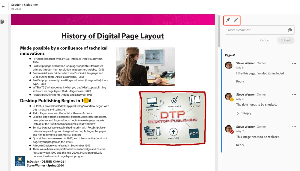 Web-Oberfläche für Kommentare in InDesign 15.1.4 zur Dokumentenfreigabe mit Anmerkungswerkzeugen