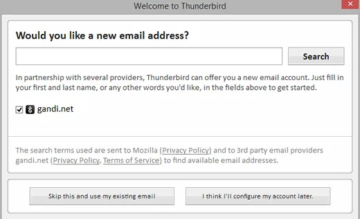 Willkommensfenster von Thunderbird zur Kontoerstellung mit der Option "Überspringen und bestehende E-Mail-Adresse verwenden"