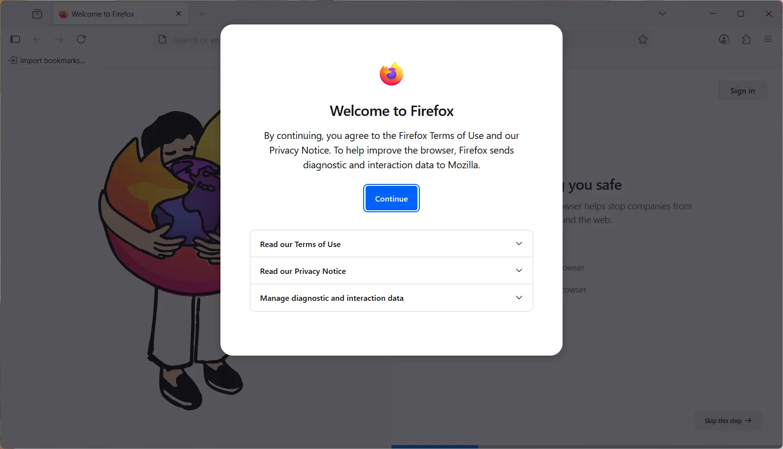 Willkommensseite von Firefox nach erfolgreicher Installation mit Datenschutzeinstellungen