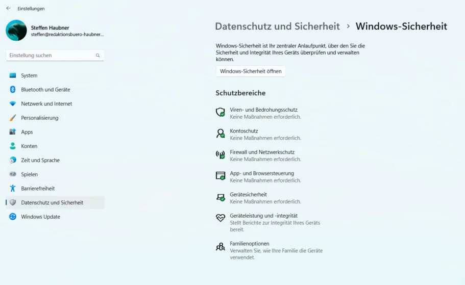 Windows Defender Sicherheit: Grüne Häkchen für Schutzstatus