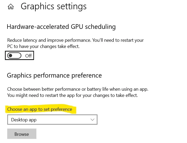 Windows Grafikeinstellungen zur Auswahl der Grafikprozessor-Präferenz