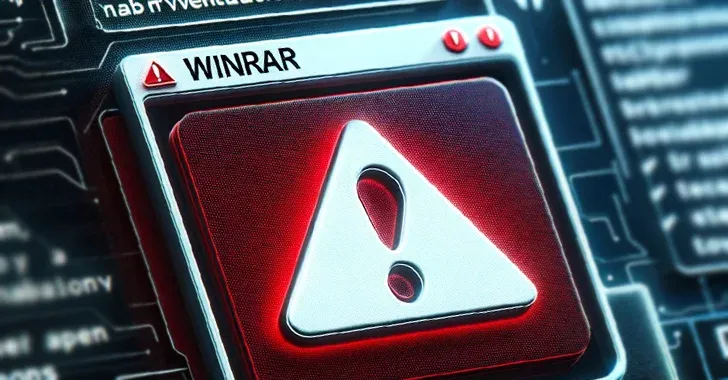 WinRAR Logo mit Warnzeichen symbolisiert Sicherheitslücke und staatliche Hackeraktivitäten, entdeckt von Google