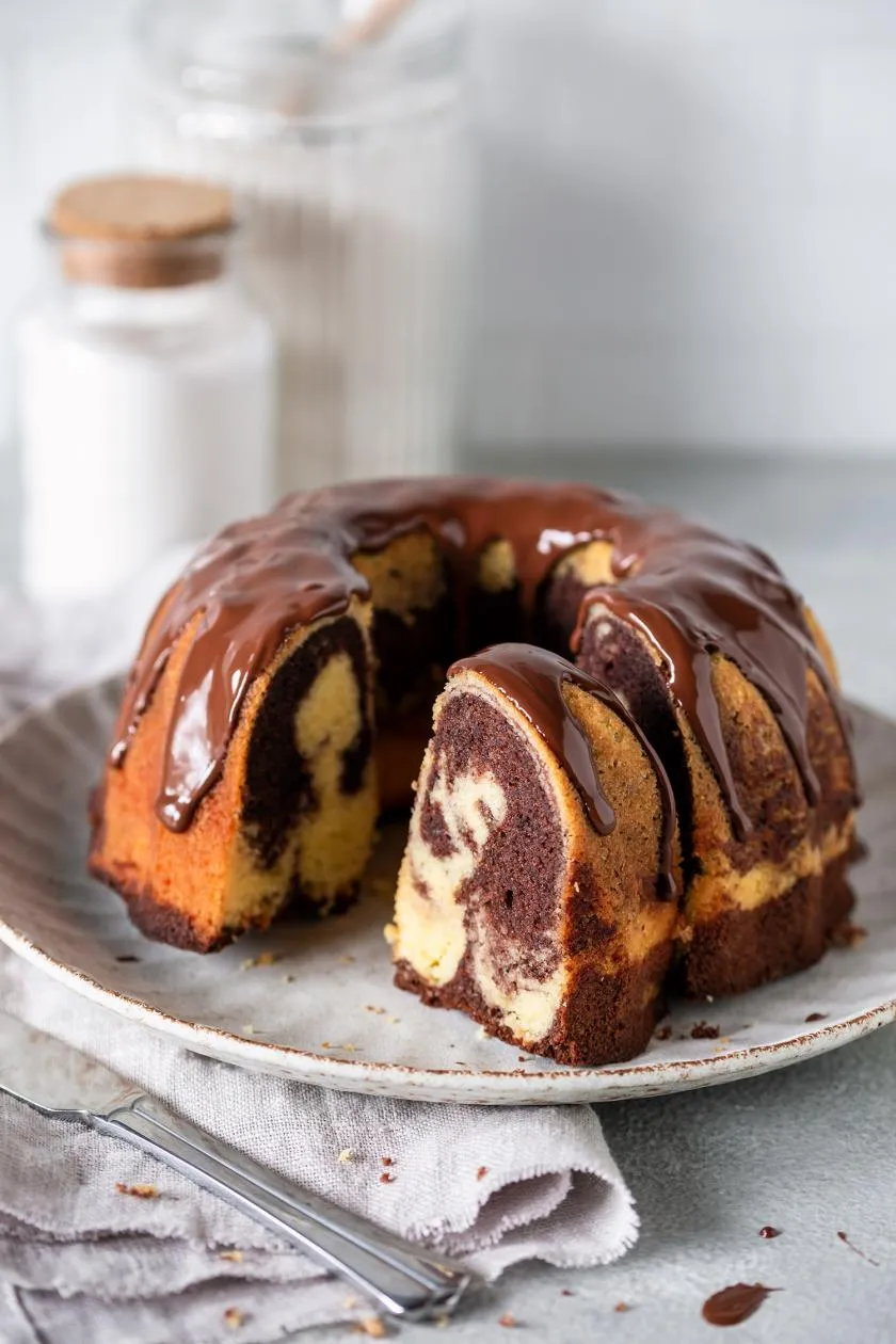 Zeitloser Marmorkuchen mit Schokolade und Sahne, ein klassischer Kita Geburtstag Kuchen.