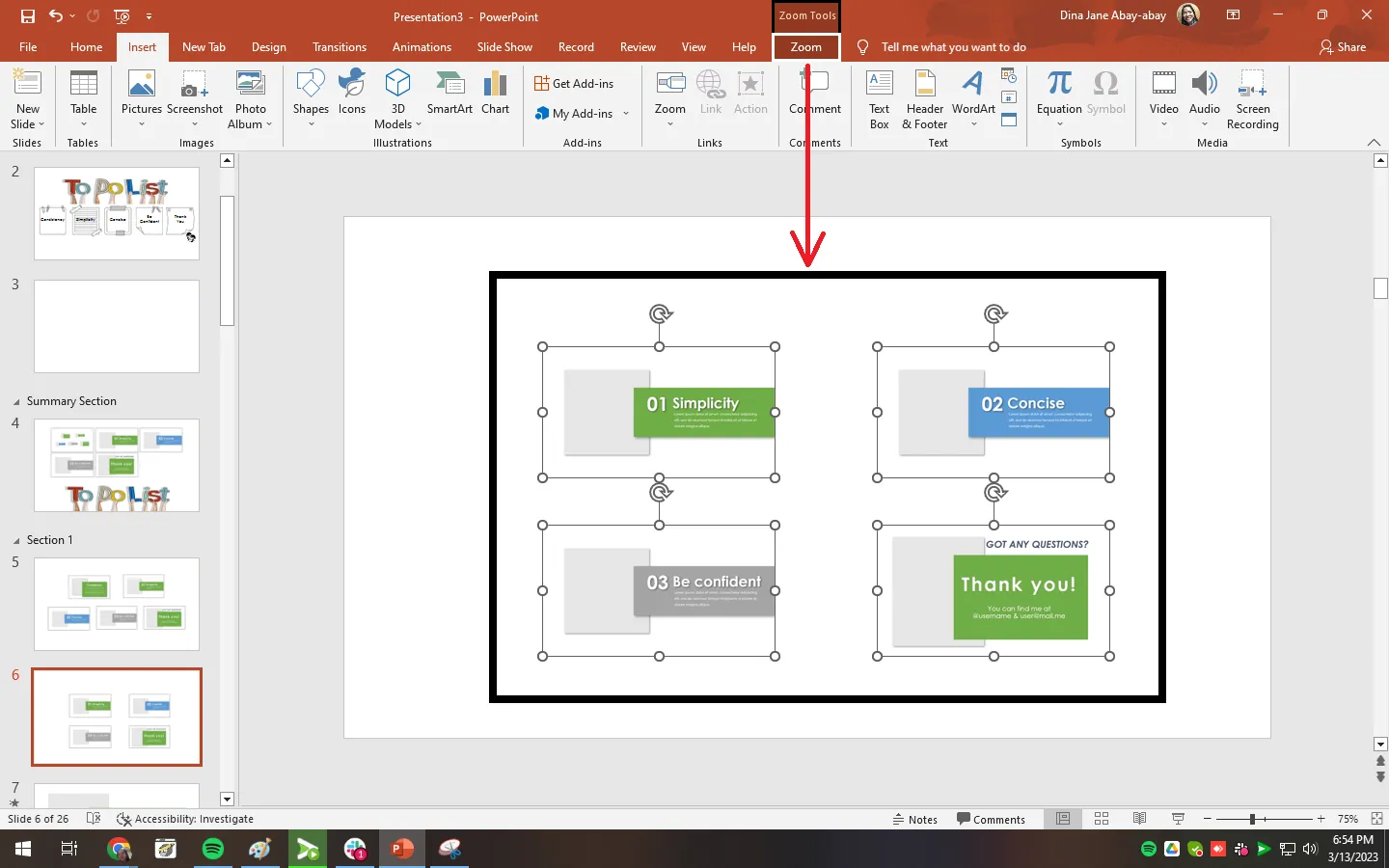 Zoom-Folie auswählen und zur Registerkarte &quot;Zoom&quot; wechseln zur Anpassung