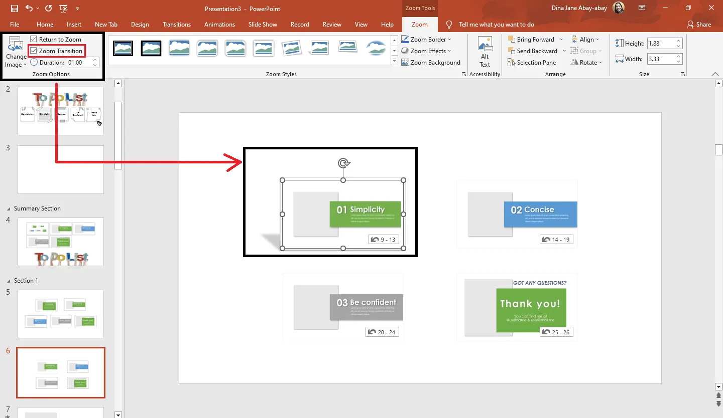 Zoomübergang deaktivieren in den &quot;Zoom-Optionen&quot; in PowerPoint