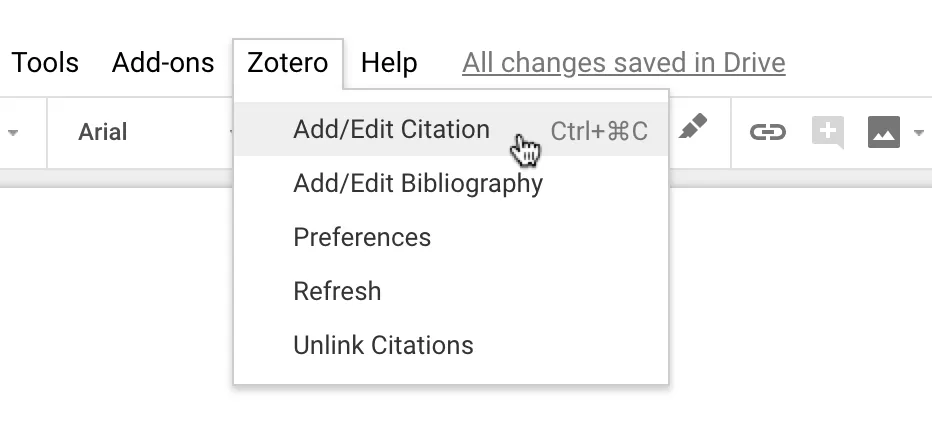 Zotero Google Docs Menü
