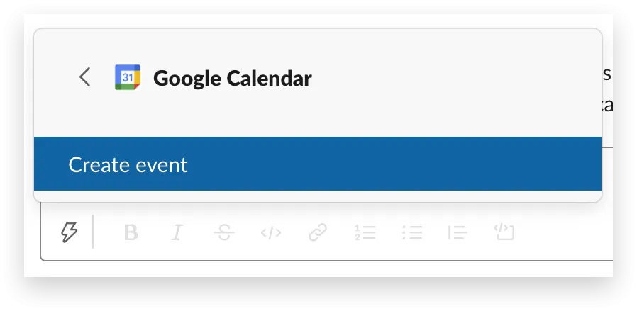 Zugriff auf die Google Kalender App über das Aktionsmenü in Slack zur Initiierung der Terminplanung