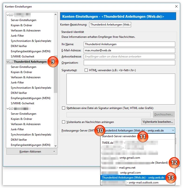 Zuweisung des Thunderbird Postausgangsservers (SMTP) zu einem E-Mail-Konto