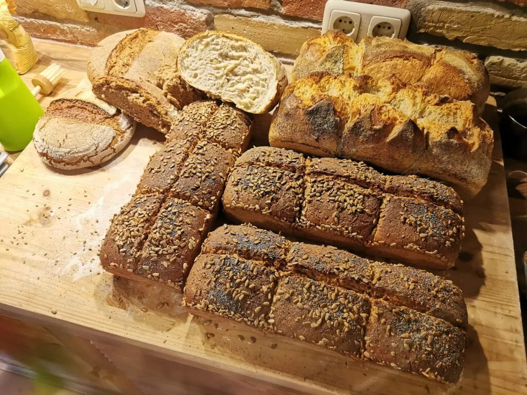Zwei frisch gebackene, rustikale Sauerteigbrote auf einem Backrost