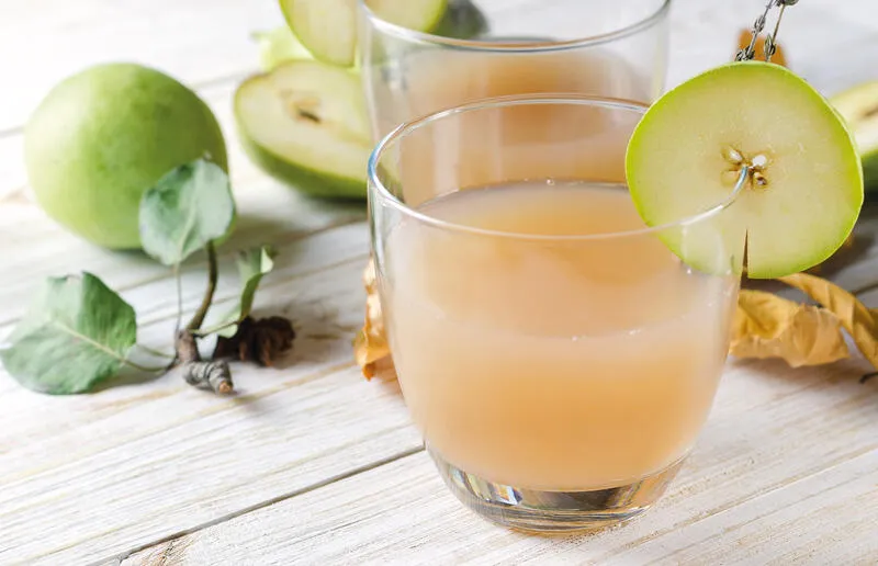 Zwei Gläser Saft, elegant serviert, mit frischen Apfelscheiben an der Seite für einen erfrischenden Genuss.