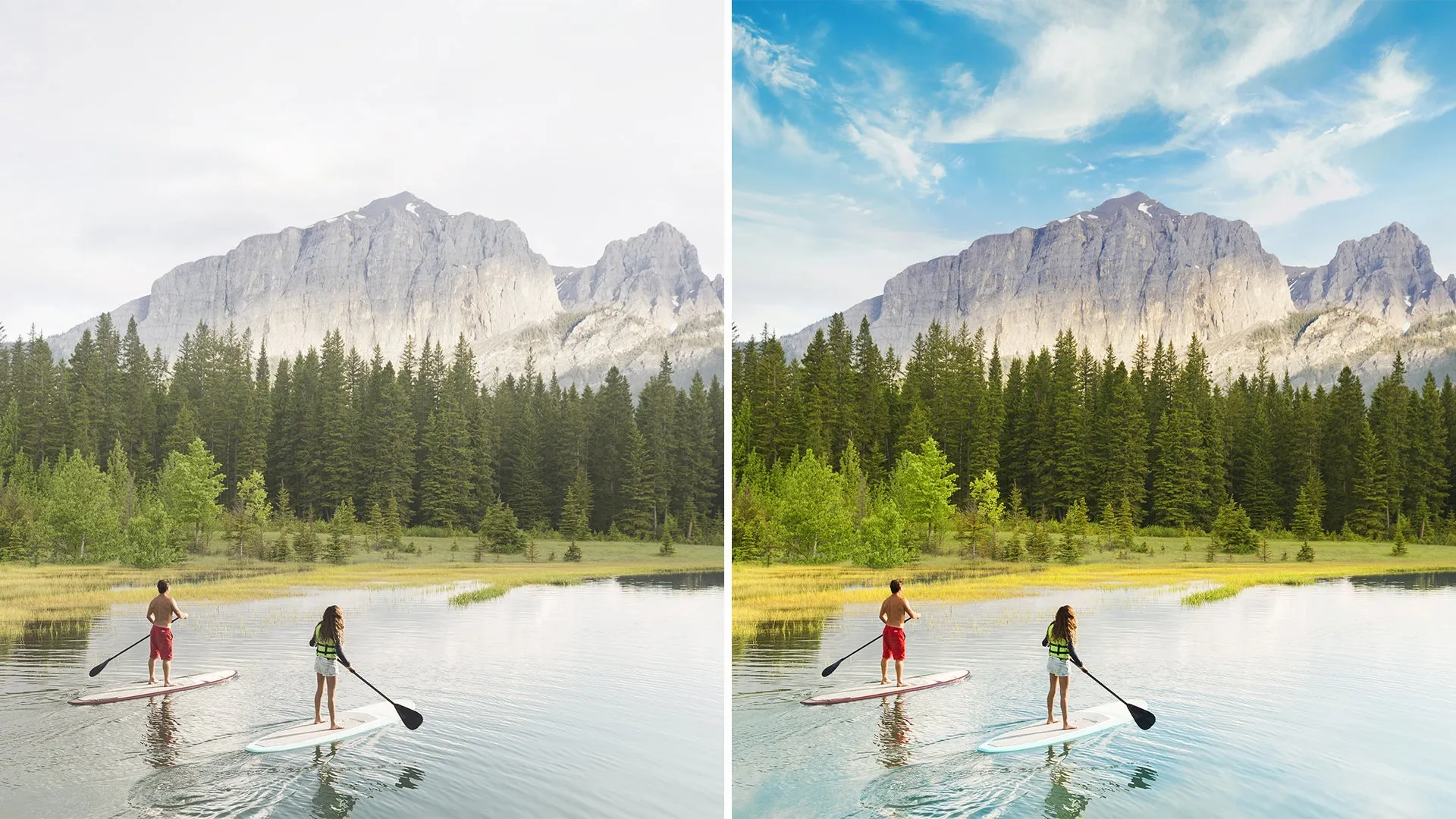 Zwei Personen beim Stand-Up-Paddling auf einem See mit Bergen im Hintergrund, Beispiel für die &quot;Perfekte Landschaft&quot;-Bearbeitung in Photoshop Elements 2021.